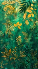 Wall Mural - Green and gold vine pattern poster background