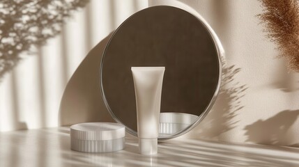 Poster - A tube of cream stands in front of a round mirror, highlighting its minimalist design and the interplay of light and shadow around it. Generative AI