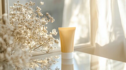 Poster - A cream tube stands prominently on a reflective surface, showcasing a soft glow in a serene environment adorned with flowers. Generative AI