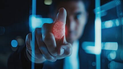 Cybersecurity: Businessman Undergoing Fingerprint Scan and Biometric Authentication for Enhanced Protection and Security Against Cyber Threats