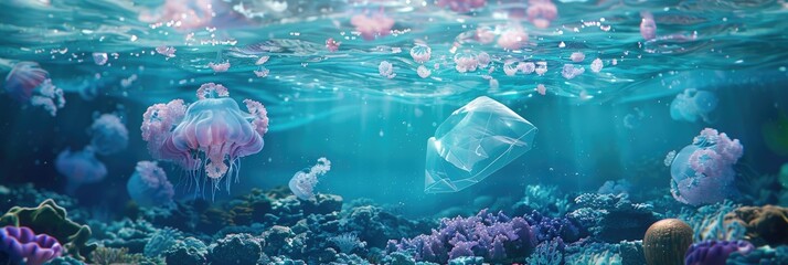 Wall Mural - Ecological Crisis: Plastic Pollution Endangers Marine Life, Coral Reefs, and Ecosystems Illustrated by a Bag Resembling a Jellyfish