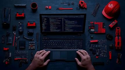 Programmer working on computer code with red accessories