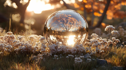 Wall Mural - Crystal Ball Reflecting Autumn Tree and Sun