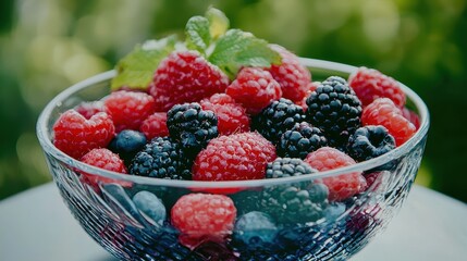 Wall Mural - Fresh Raspberries Blackberries Blueberries Bowl Summer Fruit Dessert