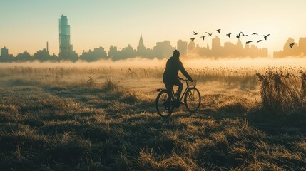 Sticker - Silhouette of Cyclist on Bike Against City Skyline with Fog and Birds