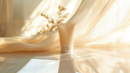 Poster - A tube of cream sits gently on a reflective surface, surrounded by soft fabric and illuminated by warm natural light. Generative AI