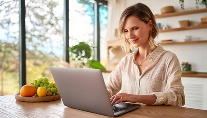 A young woman operating a laptop. Image material of a young, smiling woman operating a laptop.