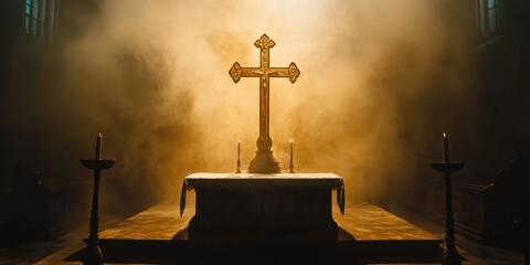 golden cross on an altar