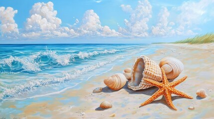 Wall Mural - Summer beach with starfish and shells