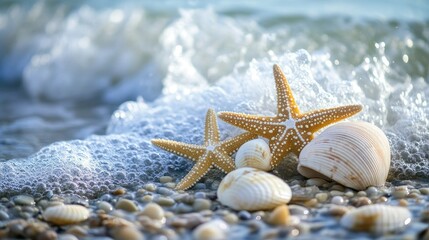 Summer beach with starfish and shells