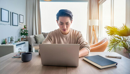 A young man operating a laptop. Image material of a young, smiling man operating a laptop.