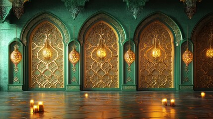 Wall Mural - Ornate Green and Gold Interior with Lanterns