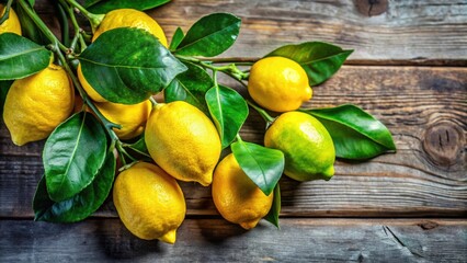 Wall Mural - Fresh Abkhaz lemons with vibrant green leaves and a rustic branch , organic, citrus, fruit, lemon, Abkhaz, branch, leaves