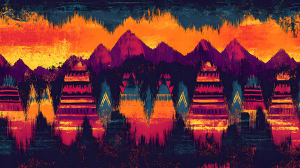 Wall Mural - Abstract Mountain Landscape with Ikat Pattern in Vibrant Colors