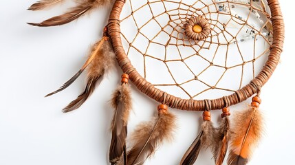 Brown Dreamcatcher with Feathers on White Background