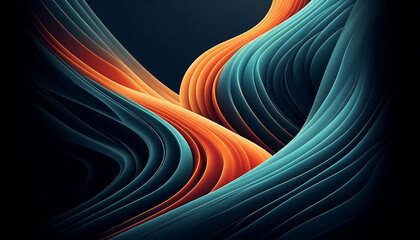 Abstract digital illustration featuring smooth flowing curves in vibrant hues of orange and teal against a dark background