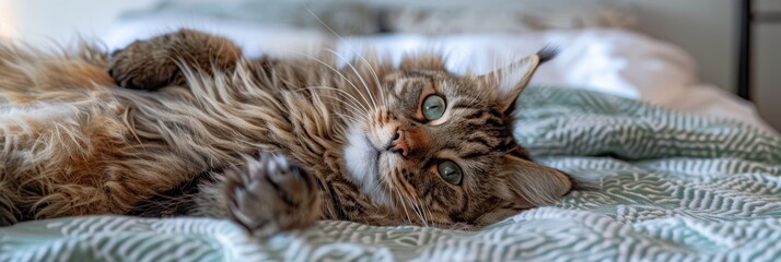 Top view of a cute, fluffy cat resting on a bed while gazing at the camera.