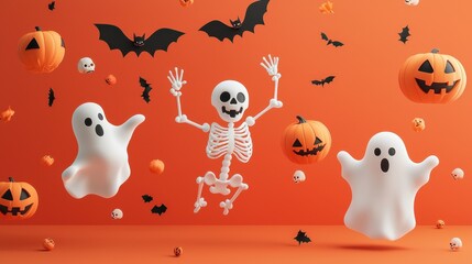 minimal halloween template featuring lively 3d vector skeletons, ghosts, and pumpkins on an isolated