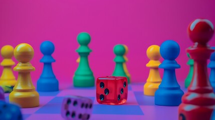 Game pieces of different colors and red dice isolated on purple and pink background