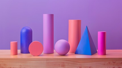 Wall Mural - Geometric shapes of different shapes on a wooden table isolated on purple and pink background