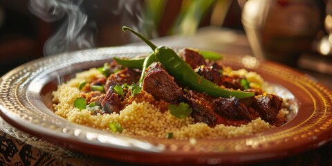 Wall Mural - Classic Arabic plate featuring couscous with green peppers and meat.