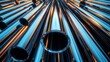 © Oulaphone - Close-up of metal pipes, polished steel pipe tubes with vibrant reflections.