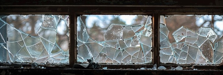 Canvas Print - Broken glass in an antique window frame Shattered fragments Vandalism incident