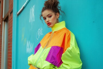 Wall Mural - a woman leaning against a wall wearing a colorful jacket