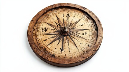 Antique Wooden Compass with Intricate Wind Rose Design