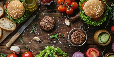 Canvas Print - Top view of a kitchen with hamburger sandwich ingredients