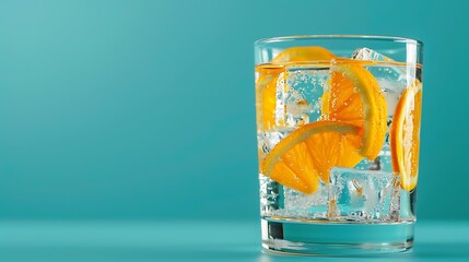 Wall Mural - glass with a transparent drink with ice and pieces of citrus inside on blue background