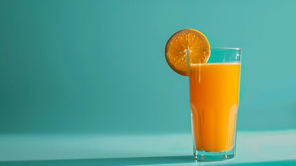 Wall Mural - Glass with orange juice and slice orange isolated on turquoise background