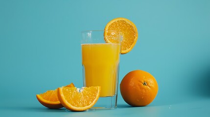 Wall Mural - glass with orange juice next to an orange and another half cut all placed on a blue background