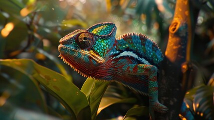 Wall Mural - A Striking Close-up of a Colorful Chameleon in Its Natural Habitat