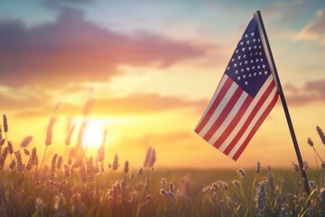 American flag Veterans day concept with sunset background, copy space for text with generative ai