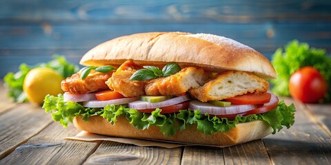 Savory fish sandwich with crunchy bread and fresh seafood