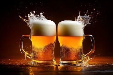 Beer Glasses Clinking on Dark Background