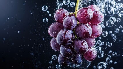 Wall Mural - Red Grapes with Water Drops and Bubbles on Black Background