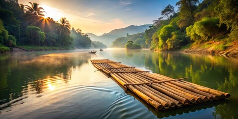 Bamboo rafts floating on calm river water, perfect for a peaceful rafting adventure