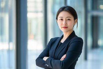 Portrait of a young beautiful asian businesswoman standing in a modern office.