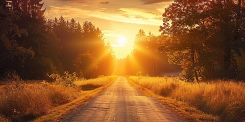 Poster - Sunset Sunlight above Country Road and Forest with Big Sun in Shadow Silhouette Landscape