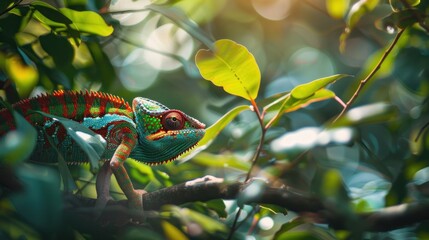 Wall Mural - A Striking Close-up of a Colorful Chameleon in Its Natural Habitat