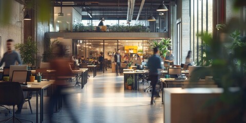 Wall Mural - Modern office space with large windows, wooden desks, and plants. The space is open and airy with a lot of natural light.