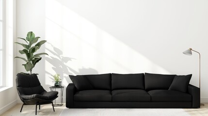 Sticker - Modern Living Room Interior Design with Black Sofa and White Walls