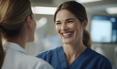 two medical practitioners having a discussion in a hospital