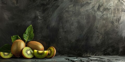 Canvas Print - Kiwi fruits and slices on a blackboard table