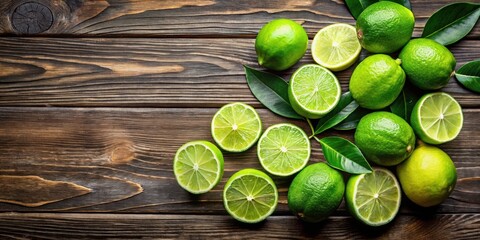 Wall Mural - Arrangement of limes and lime slices on a wooden surface , fresh, citrus, green, vibrant, tropical, summer, fruit, healthy