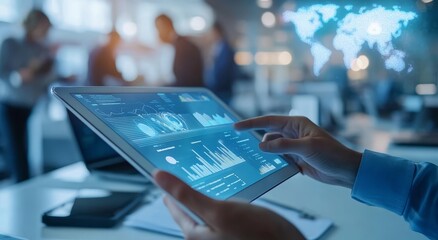 Poster - A businessman uses a tablet in an office with a digital world map hologram above the tablet screen.