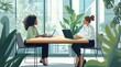 © Sagar - Two women in an office, sitting at a table with papers and laptops, discussing work or a business plan