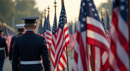 Poster - The flag is waving in the wind and the sun is setting in the background